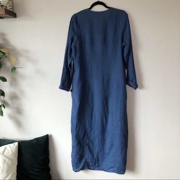 FLAX linen maxi button up dress long sleeve S blue - Picture 8 of 9